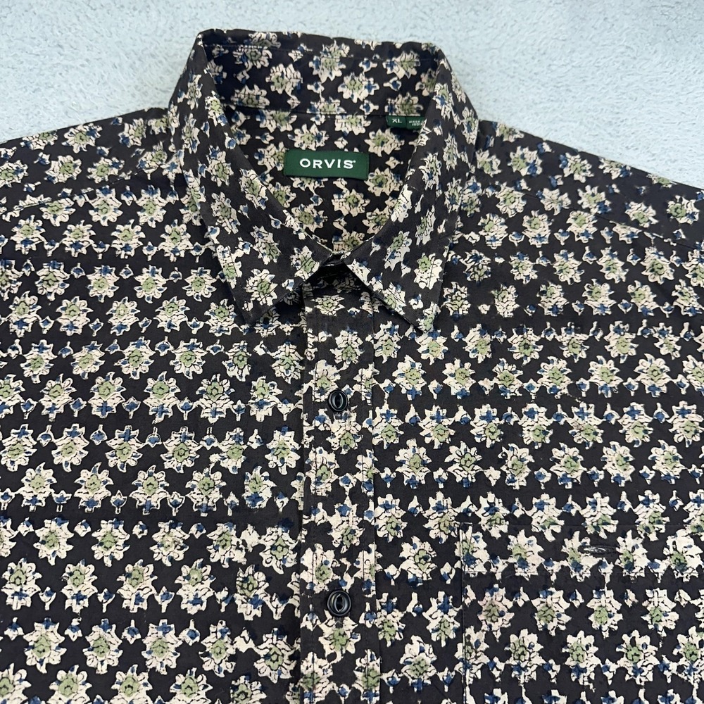 Orvis Shirt Mens XL Black Floral Short Sleeve Button Up Cotton‎ Casual Summer